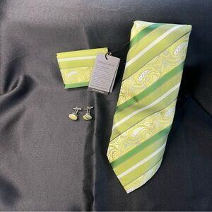NWT- Silk Lime Green Paisley & Stripe Tie Set with Cufflinks
